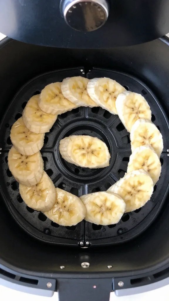 overhead of banana slice in air fryer basket