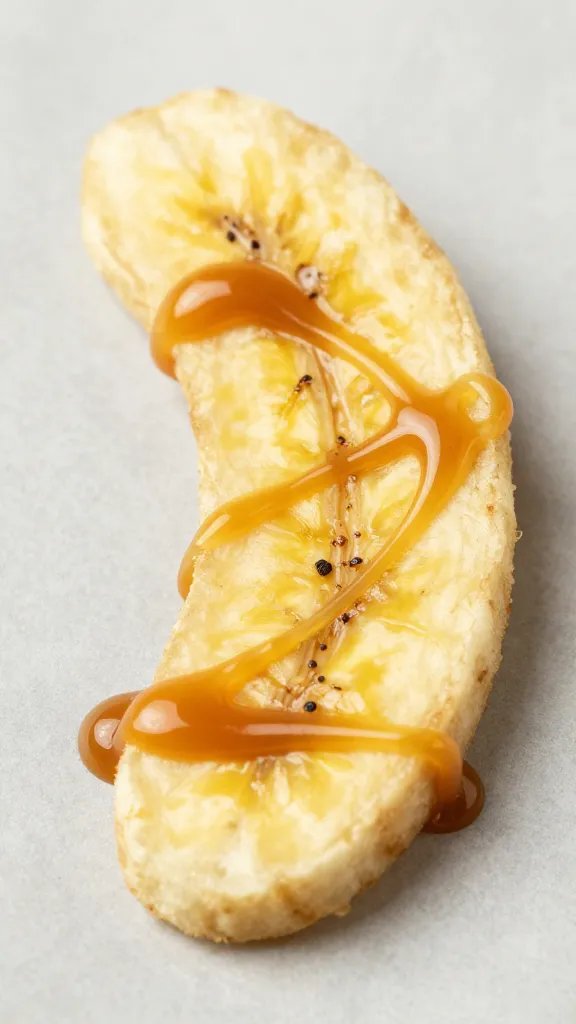 banana chip on parchment, glossy caramel swirl