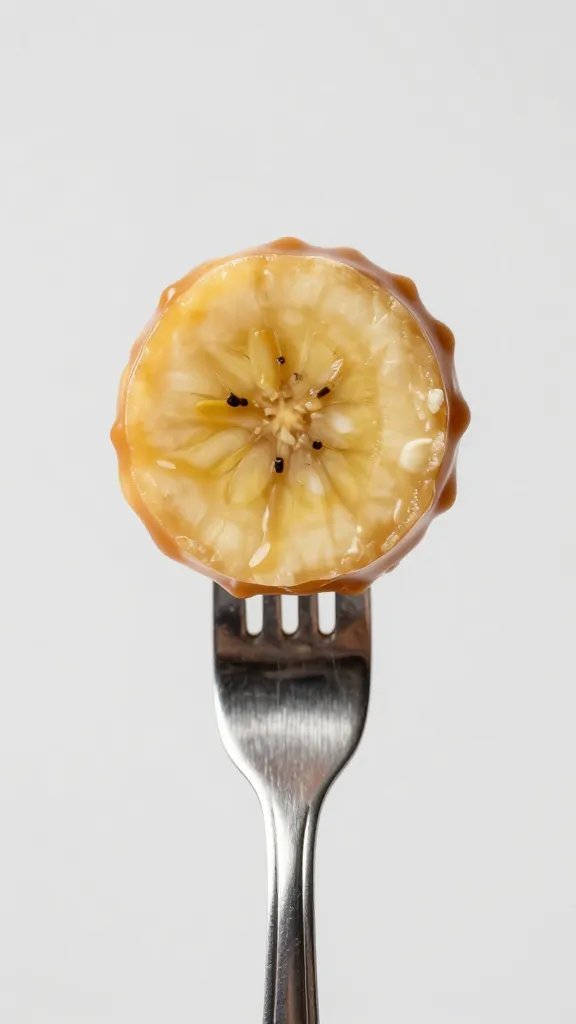 single caramel-coated banana round on fork