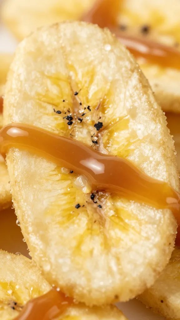macro of caramel ribbon across banana chip surface