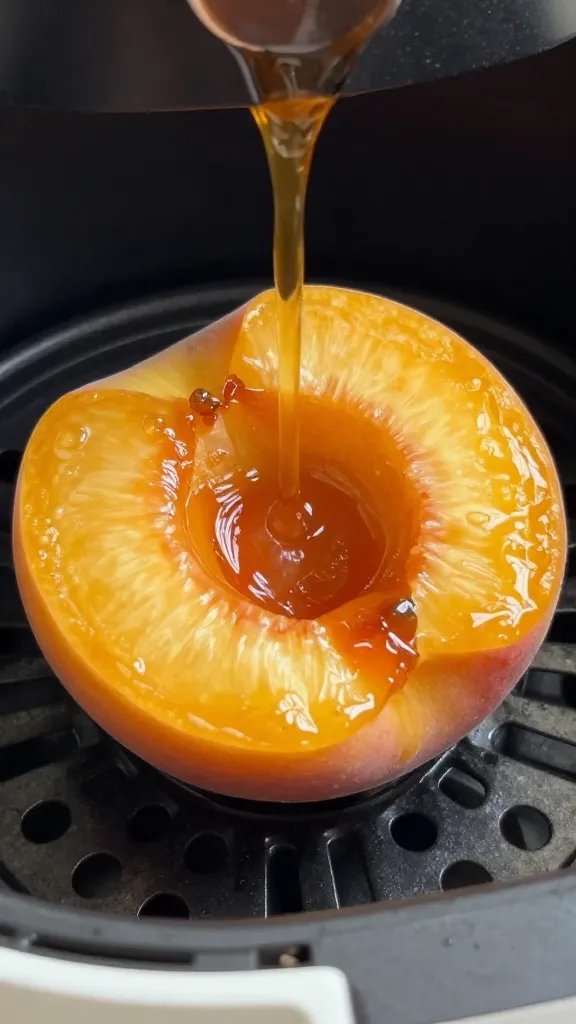caramelized peach half in air fryer basket, closeup