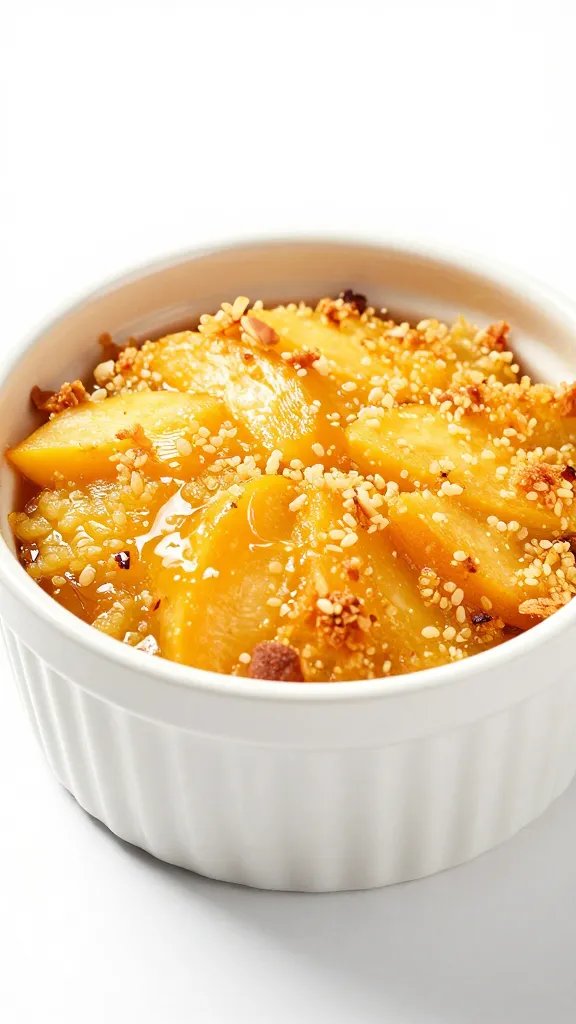 single air-fried peach crisp in ramekin, golden topping