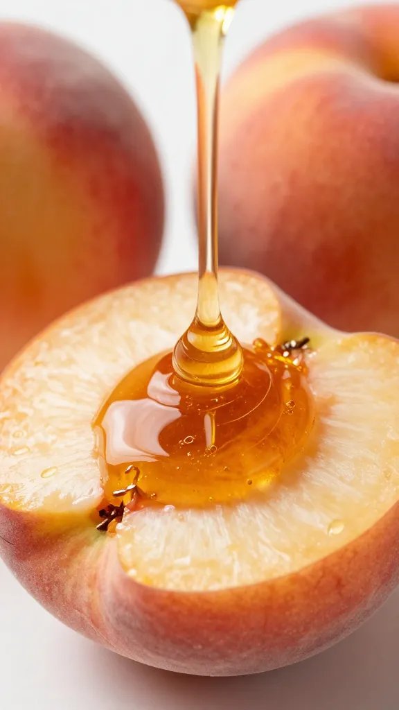 drizzle of honey over one peach half, macro shot