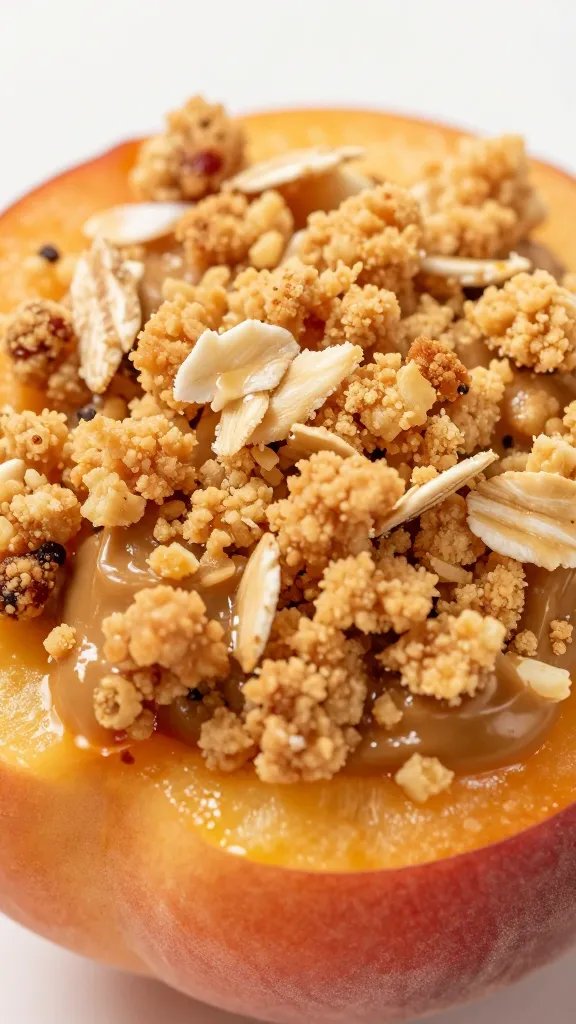 oat-butter crisp topping crumbs on one peach, closeup