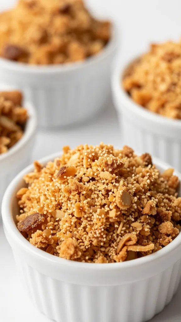 browned crisp topping texture in small white ramekin
