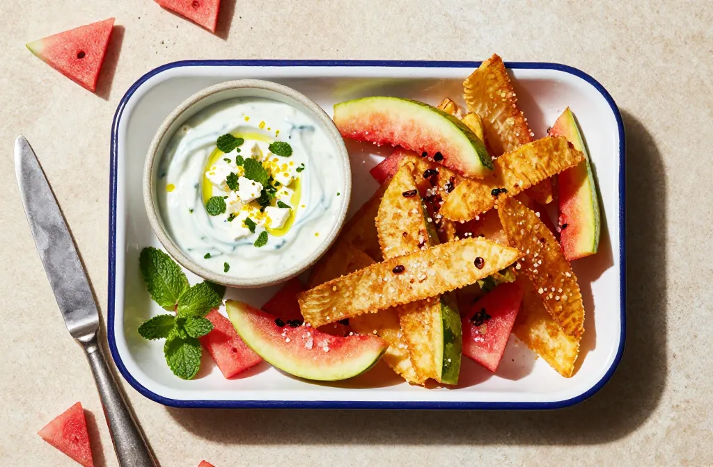 Crispy Air Fryer Watermelon Rind "Fries" with Feta Mint Yogurt
