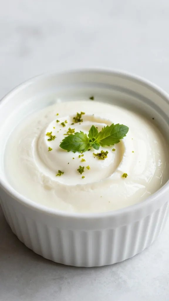 single feta-mint yogurt ramekin with drizzle and zest