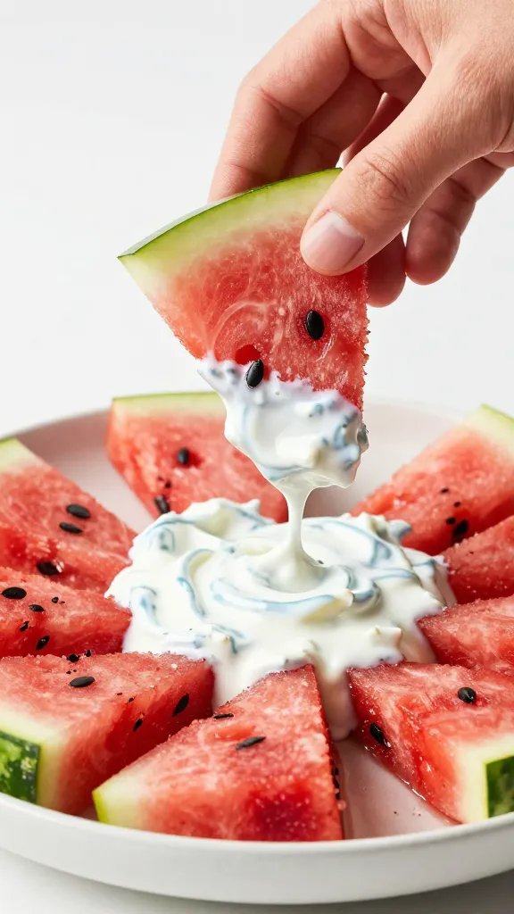 hand dipping watermelon rind fry into feta-mint yogurt