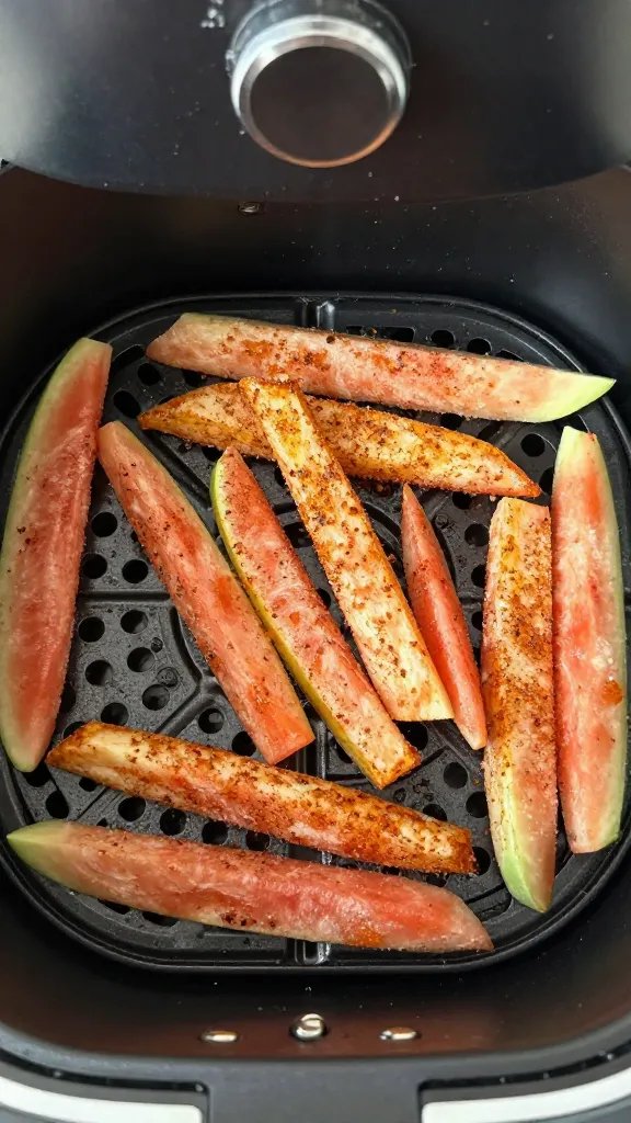 air fryer basket with seasoned watermelon rind fries
