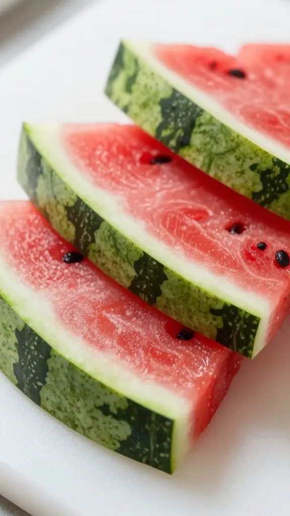 closeup of chopped watermelon rind batons on cutting board