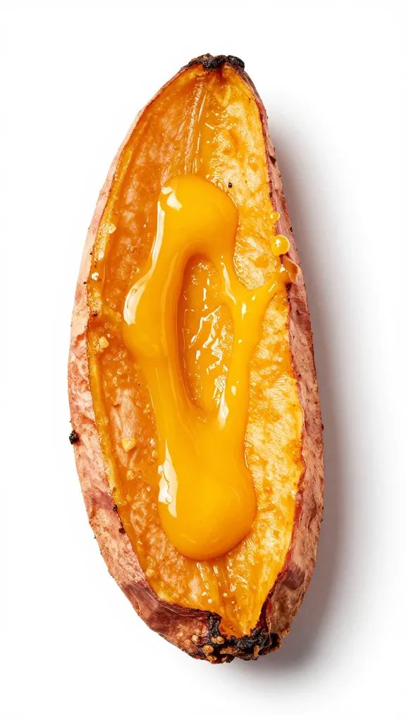 single air-fried sweet potato chip with mango glaze