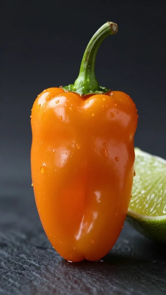 single habanero pepper beside lime wedge, macro
