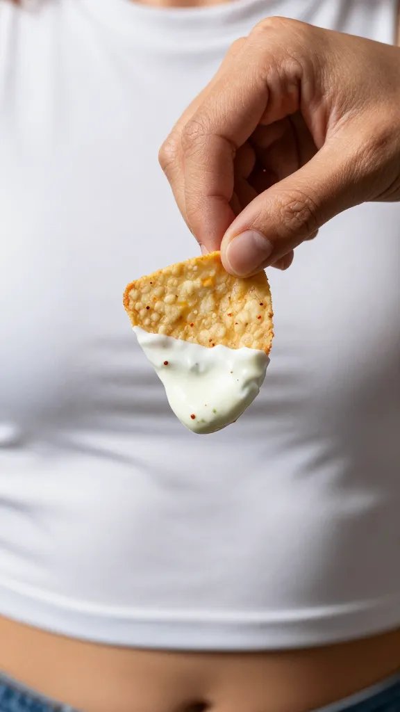 hand dipping chip into chili-lime crema, tight crop