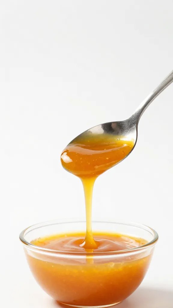 spoon drizzling mango-habanero sauce, white backdrop