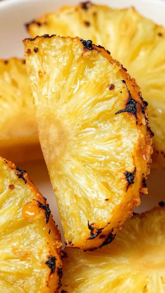 closeup of air-fried pineapple wedge with charred edges