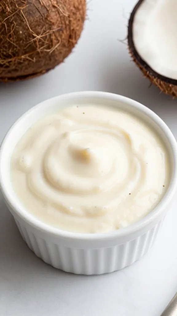 coconut rum dip in a small white ramekin, overhead