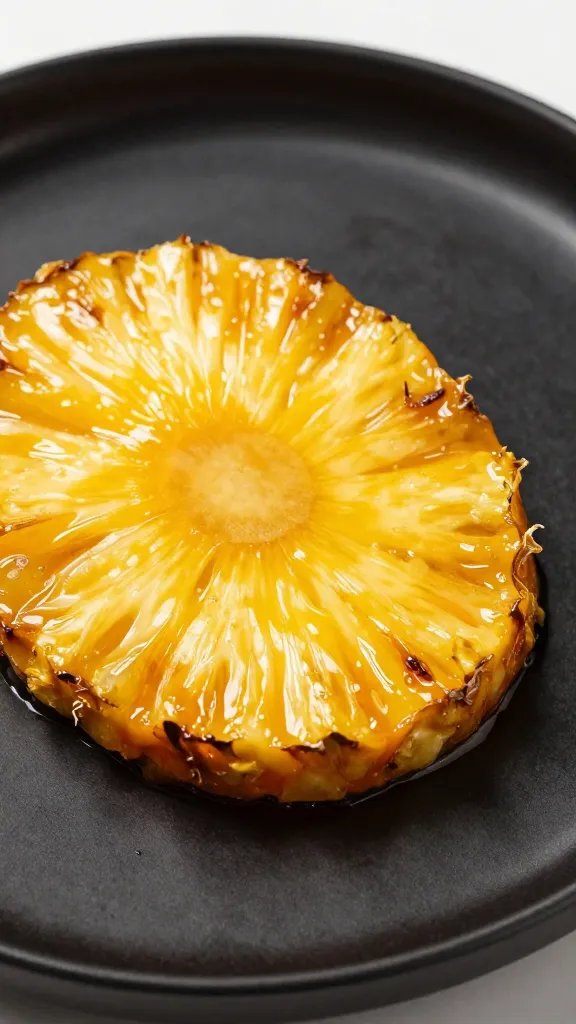 caramelized pineapple wedge on matte black plate, closeup