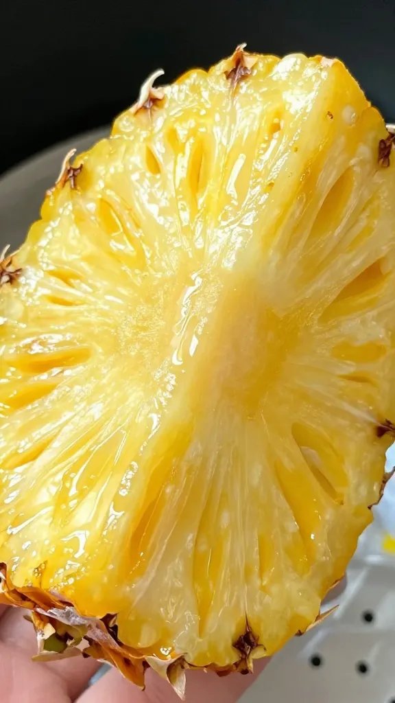 glossy pineapple wedge with visible grill-like air fryer marks