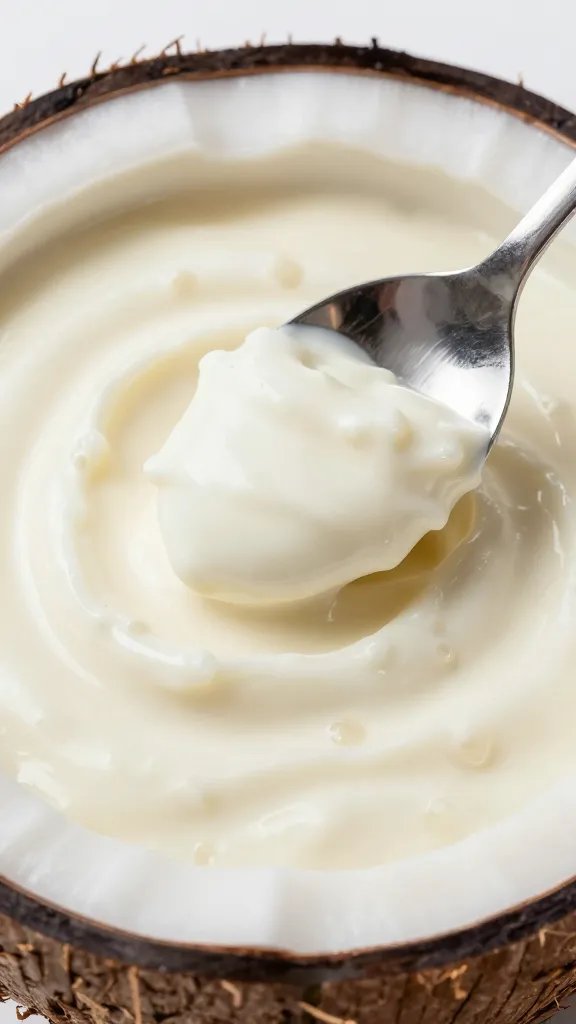 spoon dipped in coconut rum dip, creamy texture detail