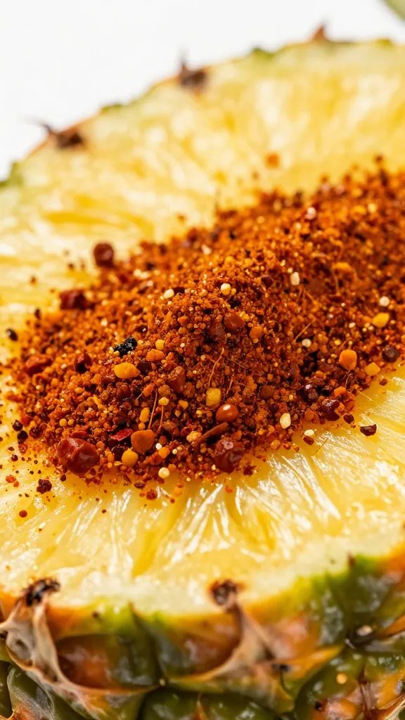 jerk spice blend on pineapple wedge, extreme closeup