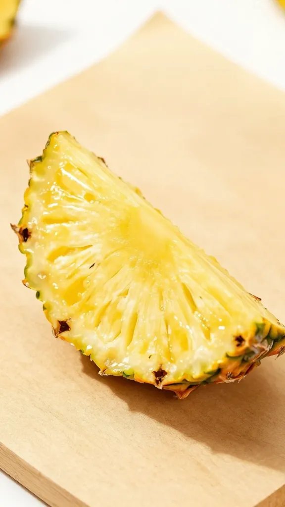 single pineapple wedge resting on parchment, golden sheen