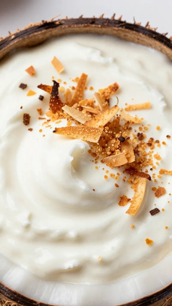 swirl of coconut rum dip topped with toasted coconut, closeup