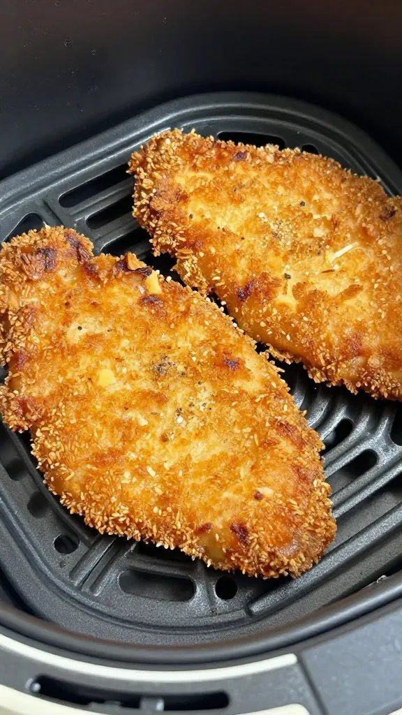 closeup of crispy keto chicken cutlet in air fryer basket