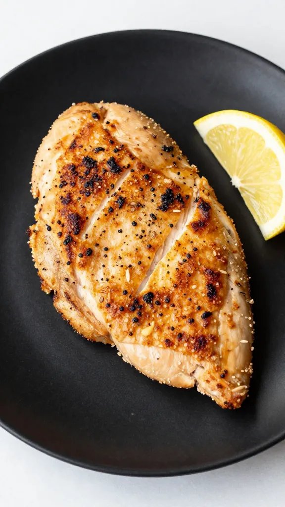 single keto chicken cutlet on matte black plate, lemon wedge