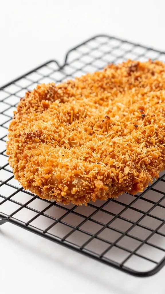 pork rind crusted chicken cutlet on cooling rack, side light