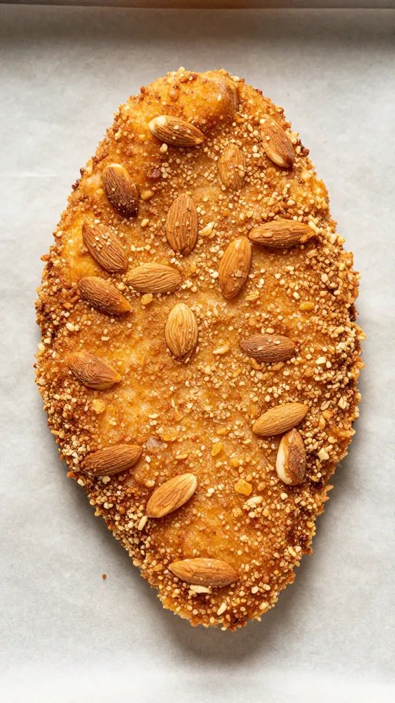 almond flour coated chicken cutlet on parchment, overhead
