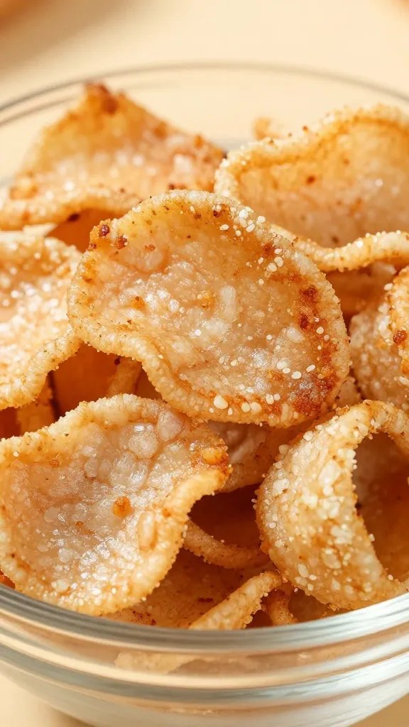 closeup of seasoned crushed pork rinds in glass bowl