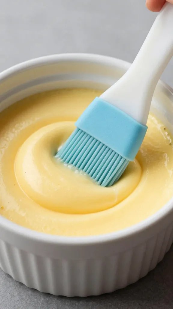 whisked egg wash in ramekin with silicone brush, closeup