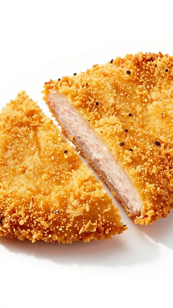 golden chicken cutlet cross-section showing juicy interior
