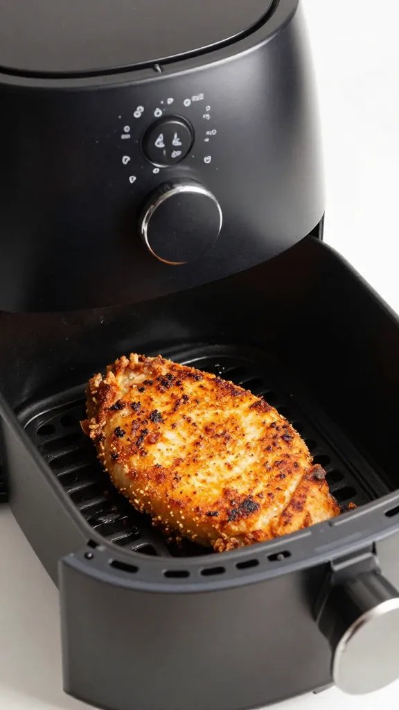 air fryer drawer half-open with single cooked cutlet