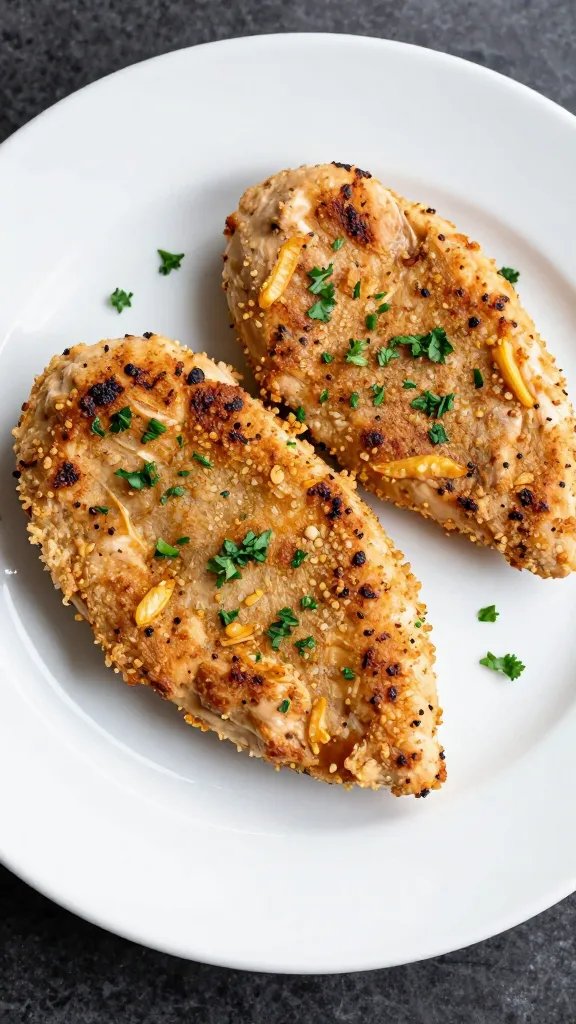 keto chicken cutlet on white plate with parsley sprinkle