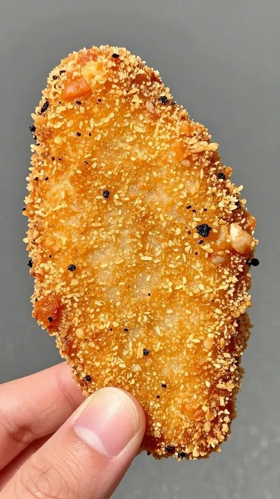 hand holding crispy cutlet with visible crunchy coating