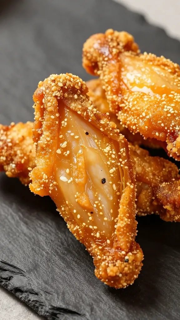 closeup of crispy naked air fryer chicken tender on slate