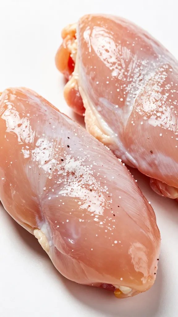 glossy raw chicken tender dry-brined with salt crystals