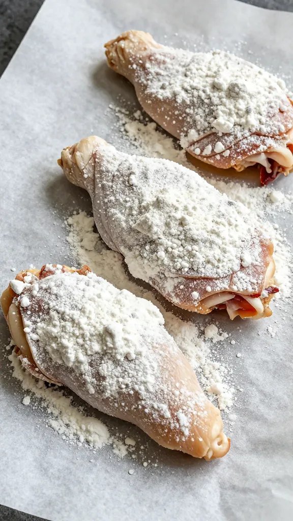 chicken tender dusted with baking powder on parchment