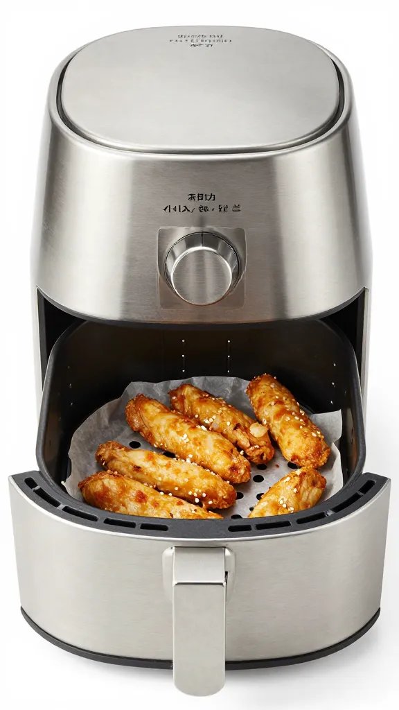 golden chicken tender in stainless steel air fryer basket