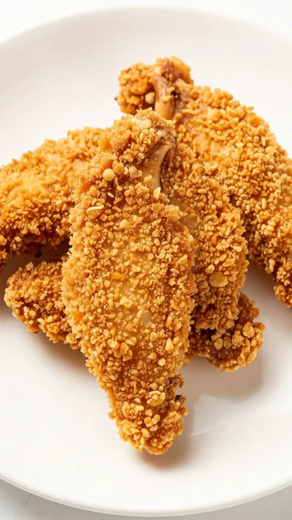 crunchy chicken tender on white ceramic plate, crumbs visible