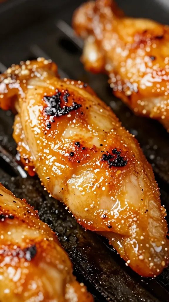 macro of blistered chicken tender skin, high heat finish