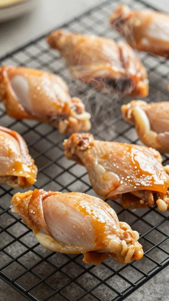 cooked chicken tender resting on cooling rack, steam wisp