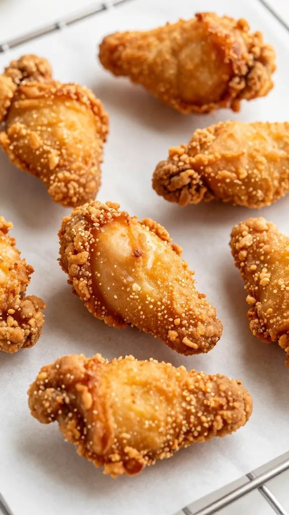 crispy air-fried chicken tender on parchment-lined rack