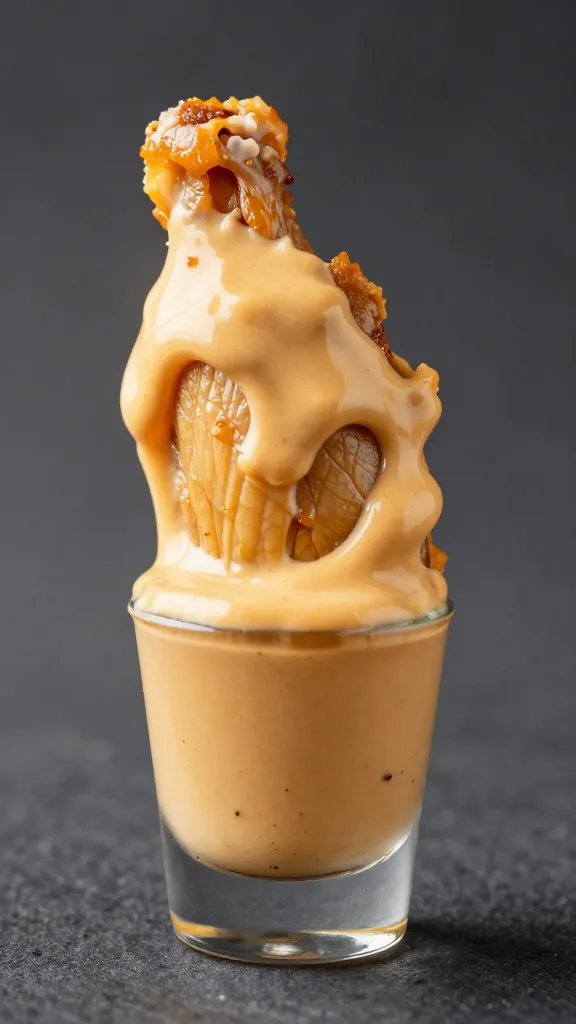 single chicken tender dipped in spicy mayo, macro shot