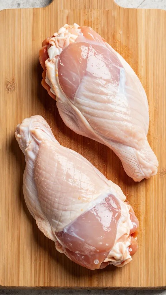 seasoned raw chicken tender on wooden board, overhead