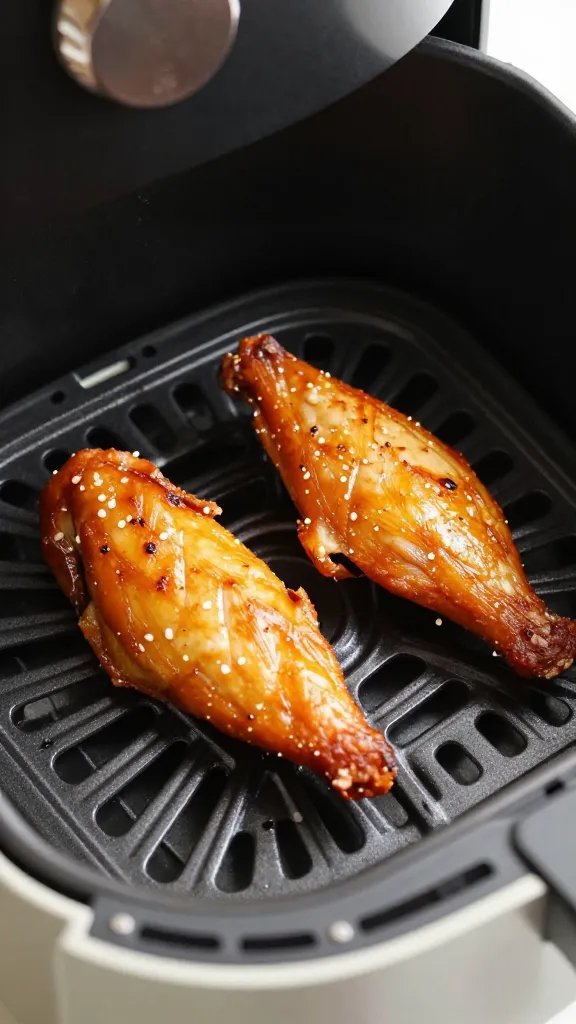 air fryer basket holding one cooked chicken tender, closeup