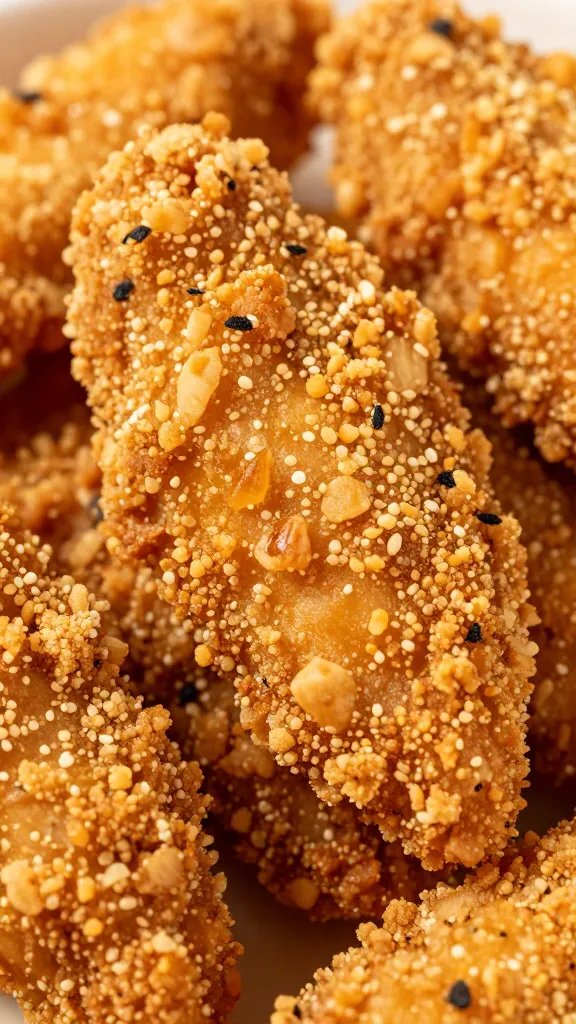 keto pork-rind crusted chicken tender, extreme closeup