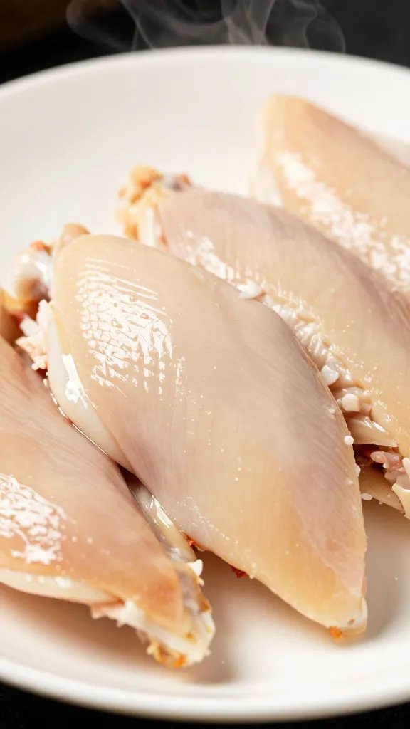 chicken tender with visible steam on white plate, macro
