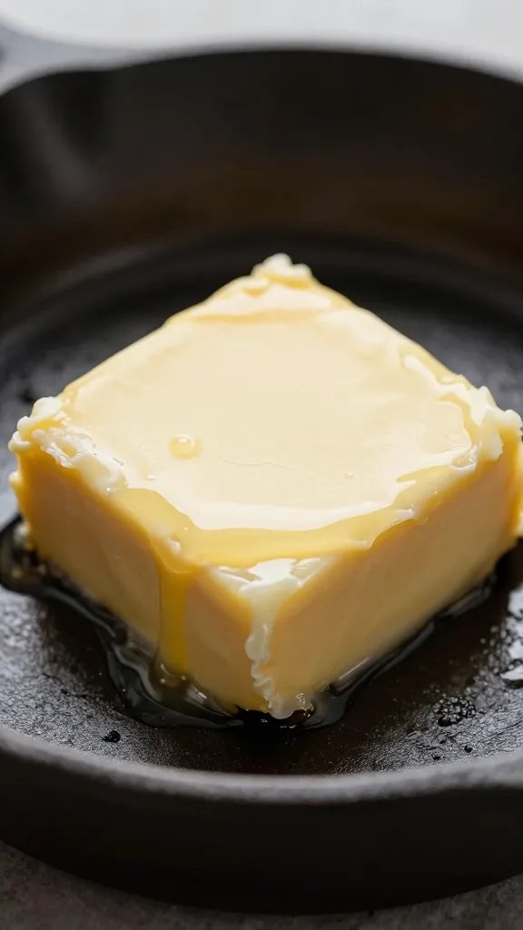 glossy tender brushed with butter, on cast iron, closeup
